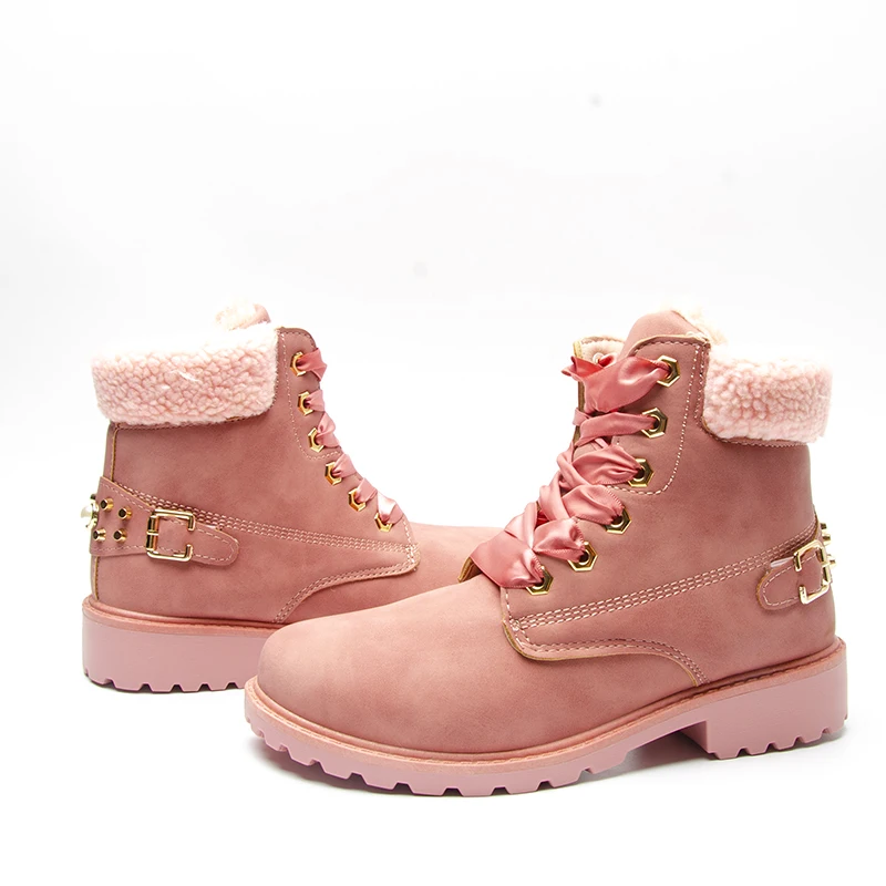 Зимние женские ботинки розовые женские ботинки на платформе повседневные ботильоны на шнуровке женская обувь с круглым носком Зимние ботильоны