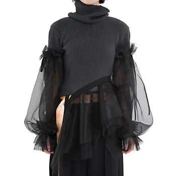 

2020 Women Shirt Elegant Organza Blouse Soft Turtleneck Slim Fit Stitching Clothes Ruffled Lantern Sleeve Knit Top Hauts femme