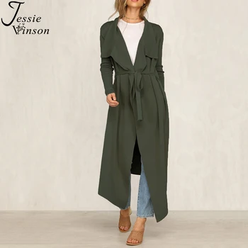 

Jessie Vinson Turn-down Collar Tie up Long Trench Coat Women Autumn Elegant Army Green Black Long Trench Lady Winter Long Coats