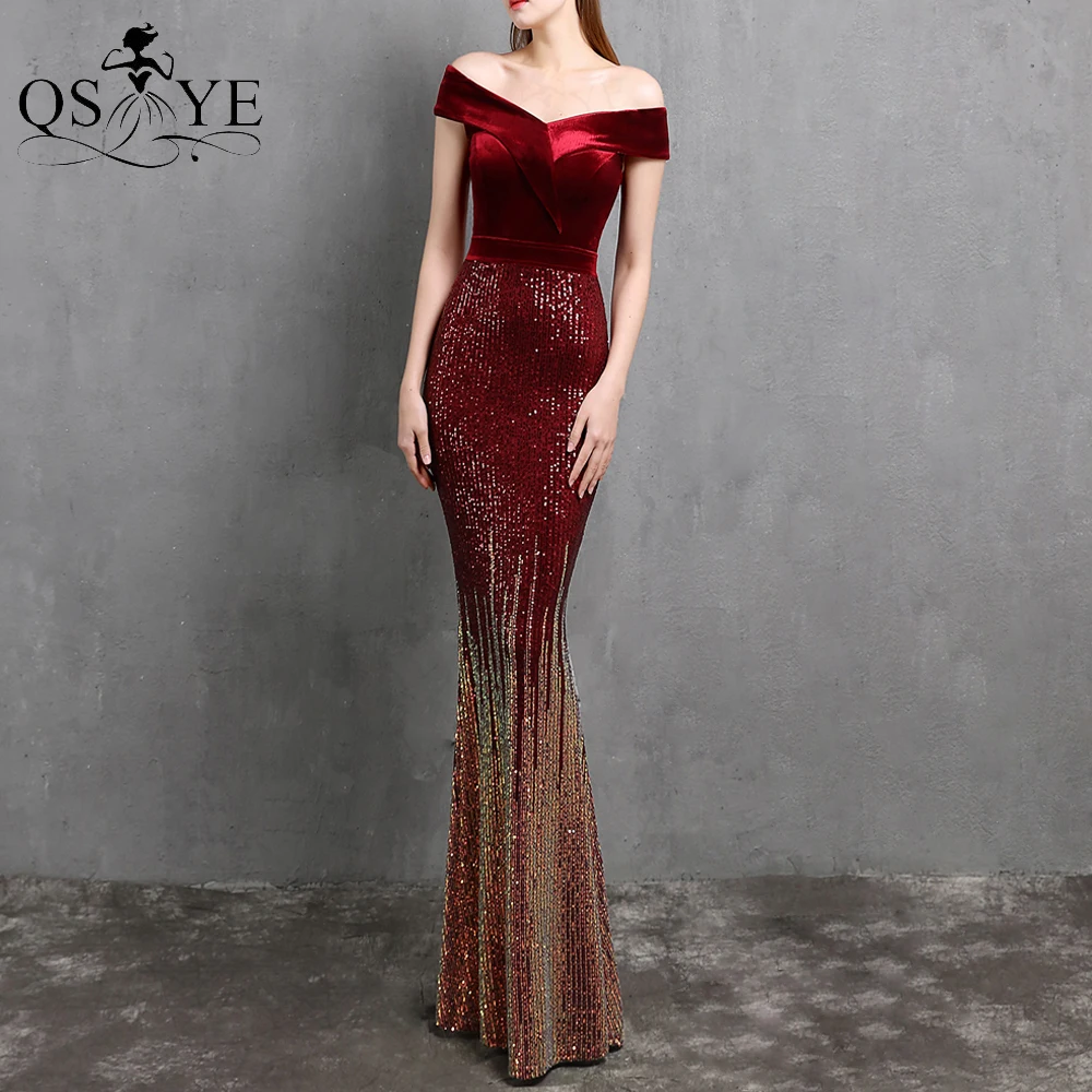 plus size formal dress QSYYE Emerald Evening Dress Mermaid Off Shoulder Sequin Evening Gown Velvet Elegant Party Dress Sequin Fading Fitted Formal Gown ball gown