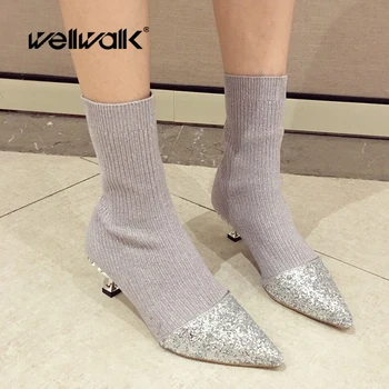 

Wellwalk Glitter Sock Boots Silver Thin Heels Elastic Women Autumn Ankle Booties Pointed Toe Stretch Lycra Boots Female Shoes