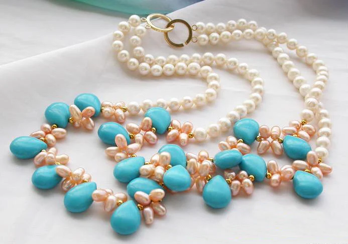 

Unique Pearls jewellery Store 2row White Pink Cultured Freshwater Pearl Turquoise Necklace Charming Women Jewelry Gift
