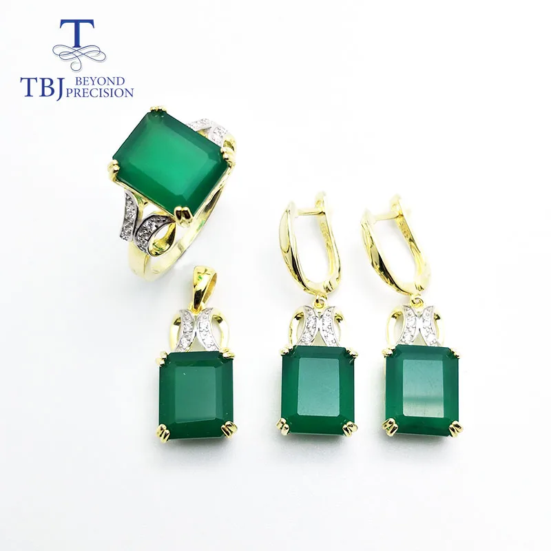 Tbj, 18ct зеленый агат, ювелирный набор, серебро 925 пробы, кольцо, подвеска, серьги для женщин, Подарок на юбилей, вечерние
