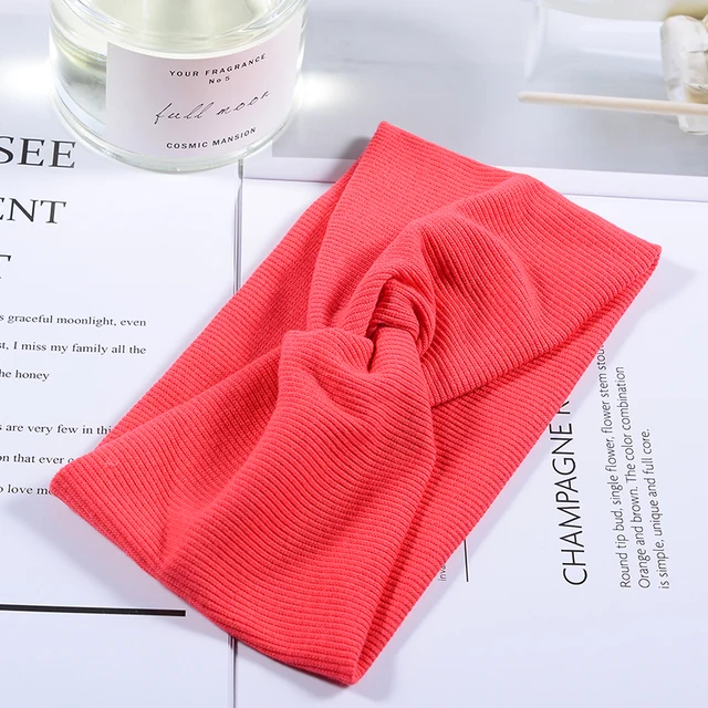 Women Headband Twist Turban Solid Wide Knitted Knotted Yoga Twisted Hairband Accessories For Turban Bandage Bandanas Hair Bands 01-Rose Red