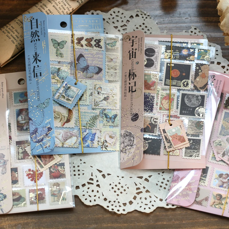 Retro Post Stamp Sticker universe gold Decorative Stickers Scrapbooking Label Diary Vintage Stationery Album Journal Planner | Канцтовары