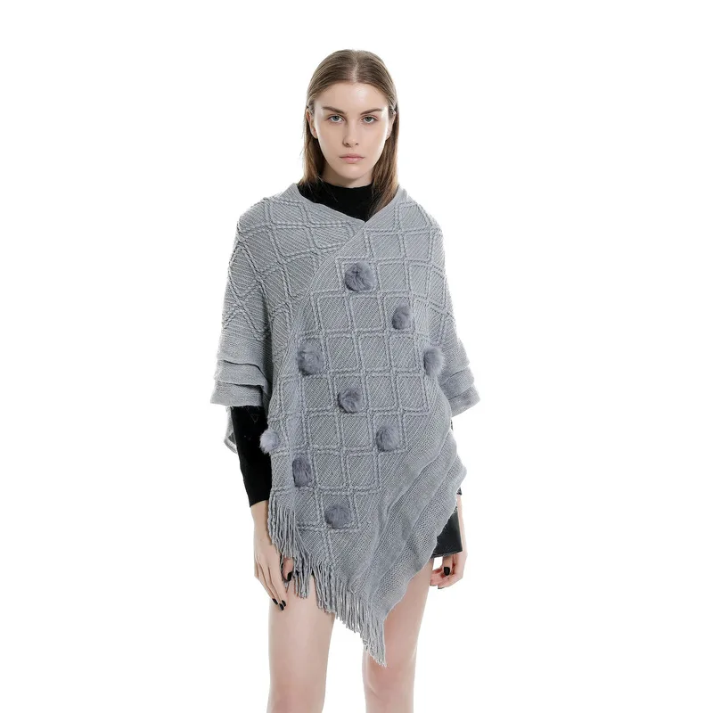 

Sparsil Women Knitted Wool Poncho Scarf V Neck Front Ball Cashmere Pashmina Shalws Fashion Tassel Pullover Wraps Female
