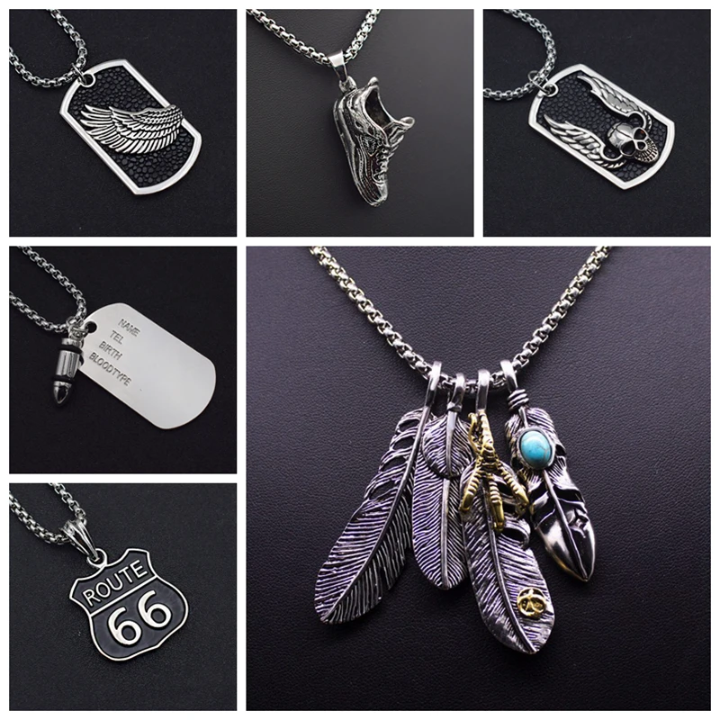 

Wholesale 7 Pieces Mix Punk Feather Cross Pendant Necklace for Women Shoe Charm Long Statement Necklace Men Jewelry