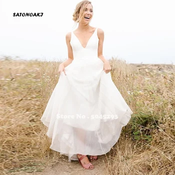 

White Stain Wedding Dress 2020 for Women Deep V Neck Backless Chiffon Boho Bride Gowns Vestido De Novia Robe Mariage Online Shop