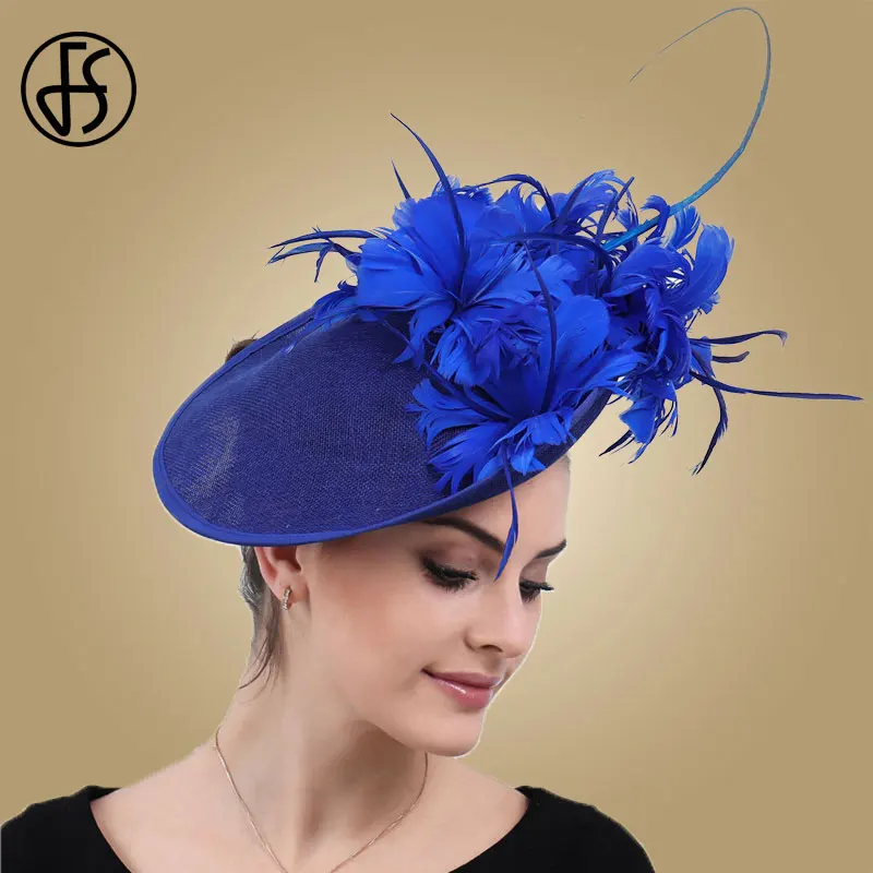 Женская вуалетка с перьями FS синяя Шляпка в стиле Кентукки для невесты
