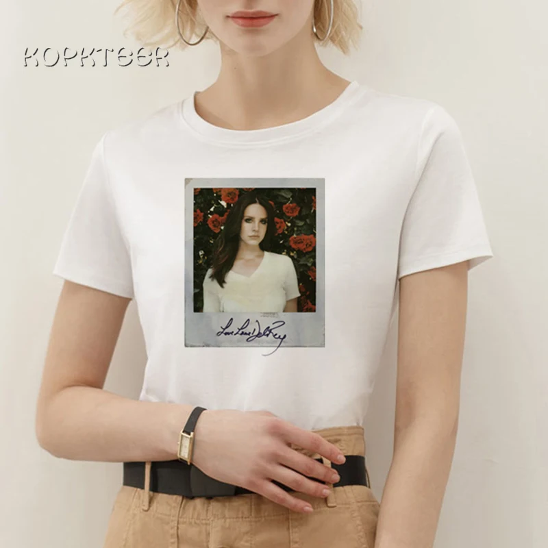 Lana Del Rey/винтажная популярная Повседневная рубашка в Корейском стиле в стиле Харадзюку; женская футболка с цветочным принтом; футболка с круглым вырезом; большие размеры