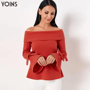 

YOINS 2020 Autumn Winter Women Knitted Sweater Lace-up Off-Shoulder Bell Sleeve Tie-up Regular Sweaters Pullover Casaco Feminino