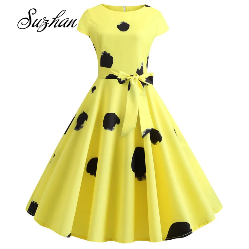 

Suzhan summer ladies retro round neck printed short sleeve dress rocking elegant waist robe yellow casual short sleeve Midi