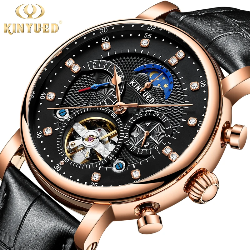 

Kinyued Tourbillon Mechanical Watch Skeleton Automatic Date Moon Phase Belt Multi-Function Military Rose Gold Men Fashion Watch