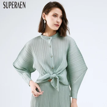 

SuperAen 2020 Spring New Shirts Women Bat-wing Sleeve Fashion Ladies Blouses and Tops Long Sleeve Stand Collar Women Clothing