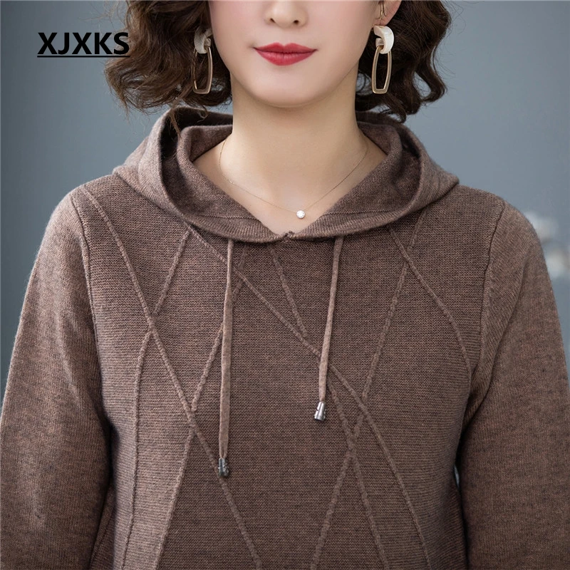 XJXKS ropa mujer Invierno модный кашемировый пуловер с капюшоном для женщин, однотонный вязаный женский свитер с длинными рукавами