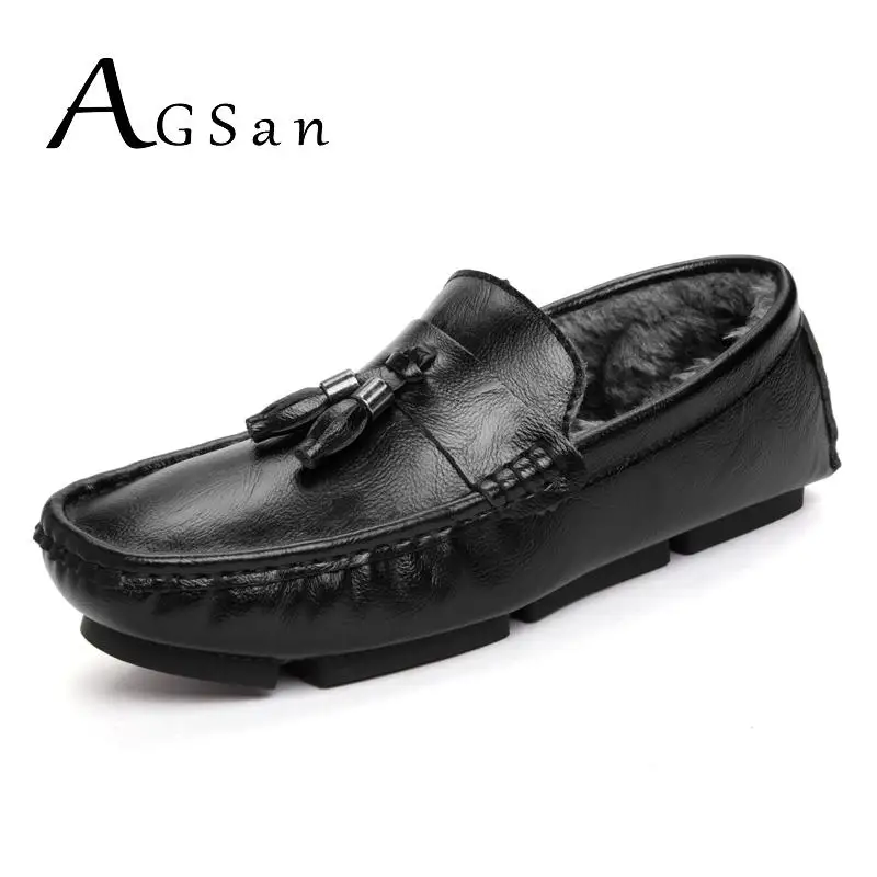 AGSan; зимние мужские лоферы; обувь для вождения с Плюшевым Мехом; классические мокасины с кисточками; итальянские мокасины; Цвет Черный; zapatos hombre; размеры 38-45