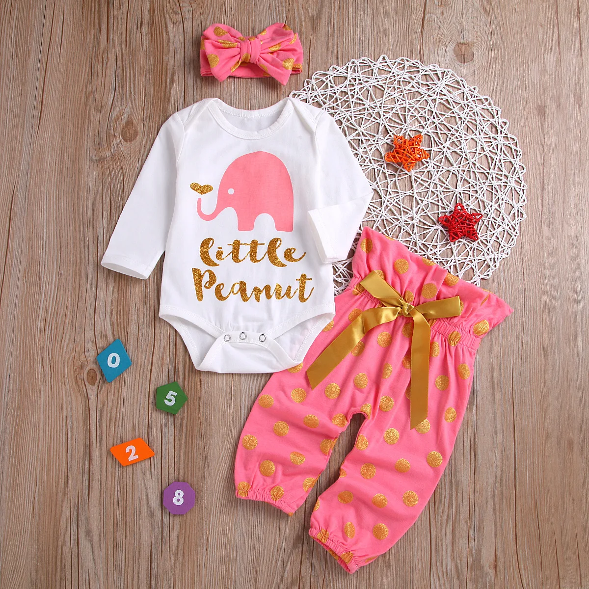 Explosion Baby Girl Clothes Cute Elephant Print Long Sleeve Bodysuit Cotton Tops+Dot Pants 3Pcs
