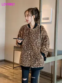 

2019 female winter European and American fashion plus velvet thick furry casual loose faux fur leopard plush coat
