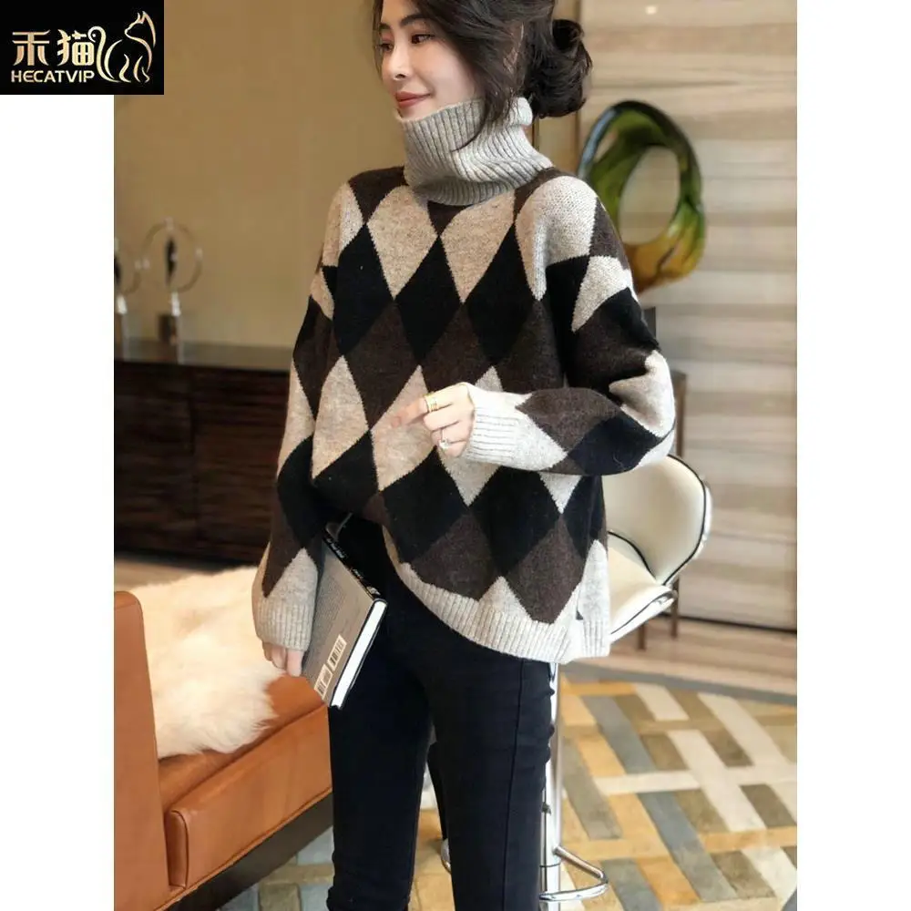 

Imitation woolen sweater 2020 winter new contrast color diamond sweater turtleneck knit bottoming shirt