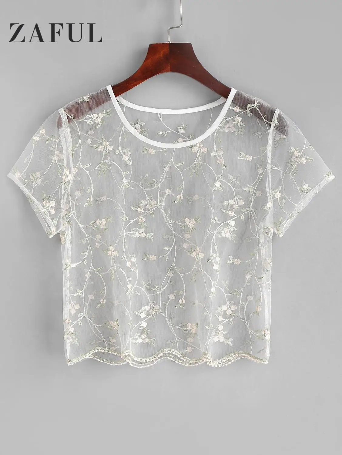 

ZAFUL Floral Embroidered Sheer Tulle Crop Top