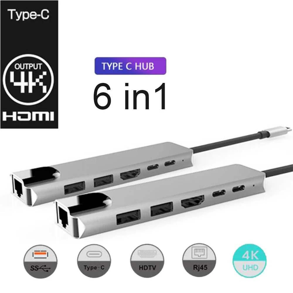 Type-C к rj45 hdmi PD type C зарядный порт 6 в 1 концентратор Gigabit Ethernet Lan 4K для Mac book Pro Thunderbolt 3 USB-C зарядное устройство