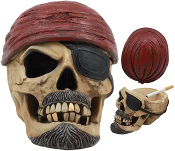 

Pirate Skull Ashtray Statue 4.75" Tall Nautical Gold Teeth Pirate Marauder With Eye Patch Evil Figurine