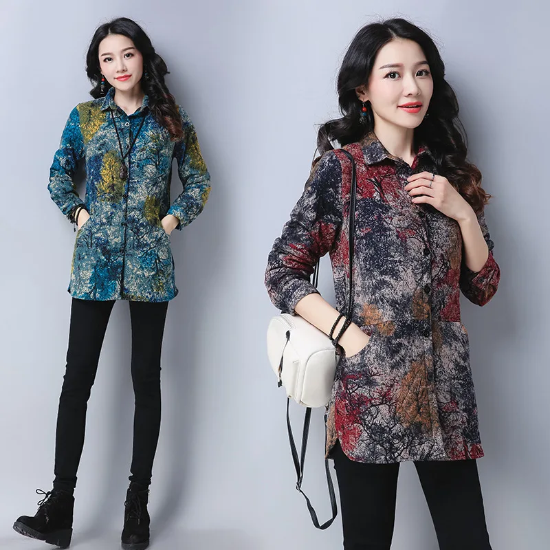 

2019 Autumn And Winter New Style WOMEN'S Top Ethnic-Style Thick Quilted Large Size Shirt Long Sleeve Cotton Linen Printed Coat W