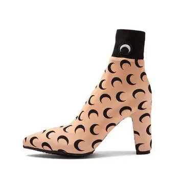 

Womens Pointed Toe Moon Decor Socks Stretchy Ankle Boots Block High Heel Shoes Ulzzang Harajuku 2Colors