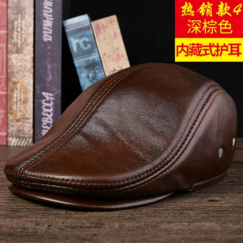 Dark brown Натуральная кожа модная кепка мужская голова слой воловья кожа берет коровья кожа среднего возраста шляпа наушники - Цвет: Dark brown
