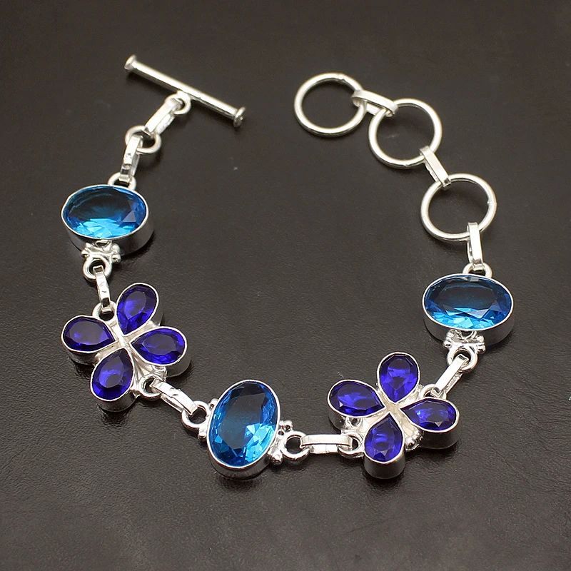 Элегантный Блестящий натуральный Bluetooth 925 стерлингового серебра подвески цепи браслеты 7,5 дюймов H322