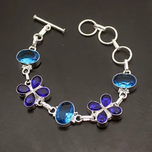 Элегантный Блестящий натуральный Bluetooth 925 стерлингового серебра подвески цепи браслеты 7,5 дюймов H322