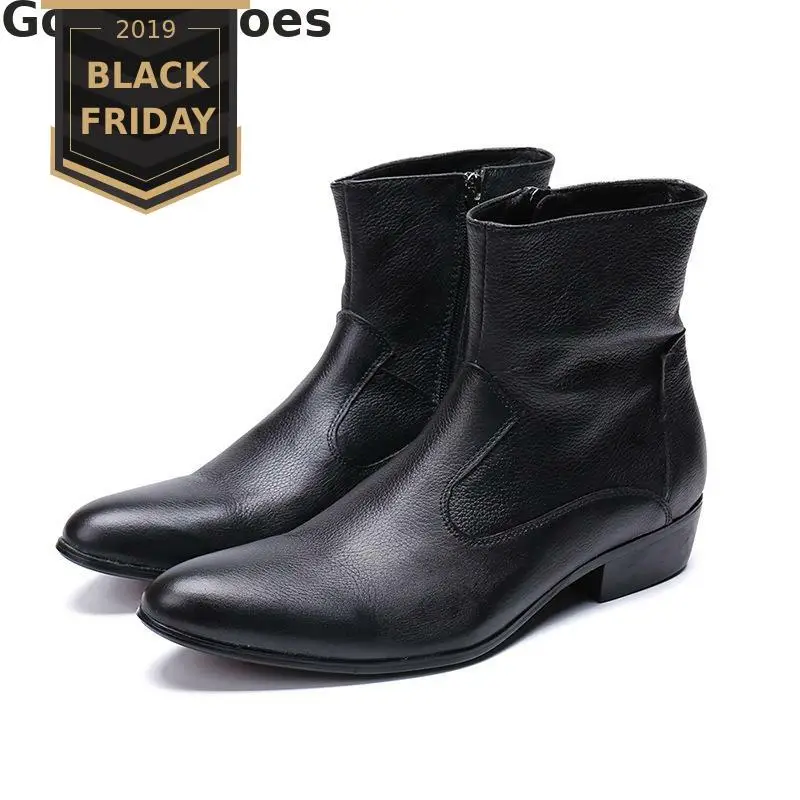 Men Boots Genuine Leather Black Pointed Cap Toe Men Short Boots Side Zip Cow Leather Men Ankle Western Casual Work Boots