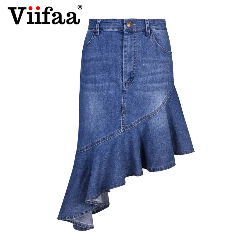 Синий Viifaa Slant Ruffle асимметричный подол Bodycon джинсовые юбки женские лето осень уличная одежда синяя тонкая элегантная юбка - Цвет: Синий