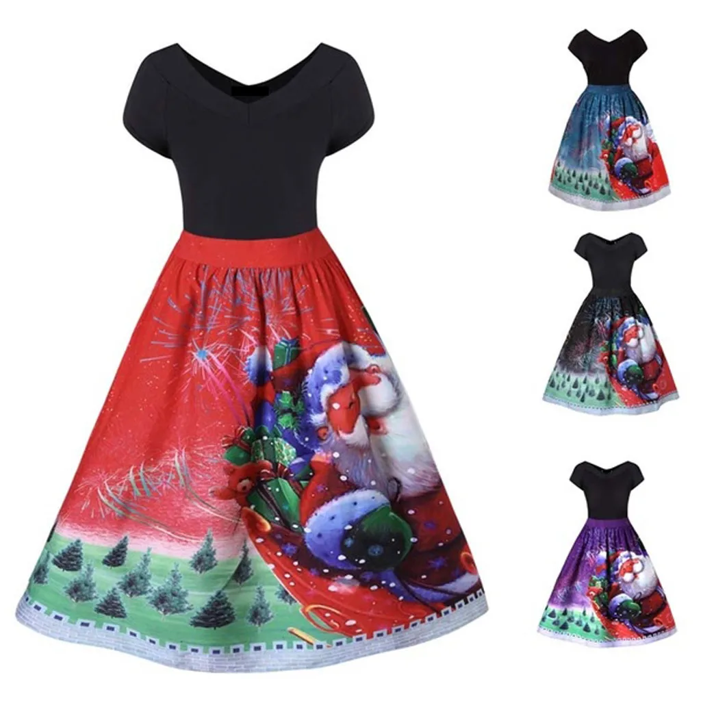 Women's Fashion Vintage Santa Claus Snowflake Print Christmas Dress ...