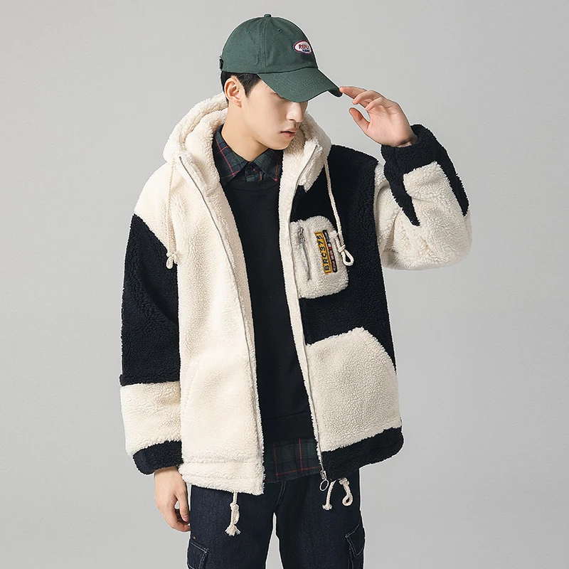 2019 winter new men's fashion lamb fur hooded coat men's stitching label warm casual jacket men's l