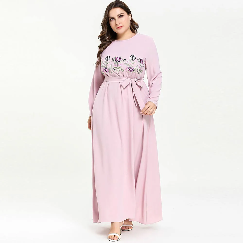 

TUHAO 2019 Sweety Lady Solid Pink Laced Up Long Dresses High Waist Floral Embroidery Pattern Large Size Maxi Dresses HC309
