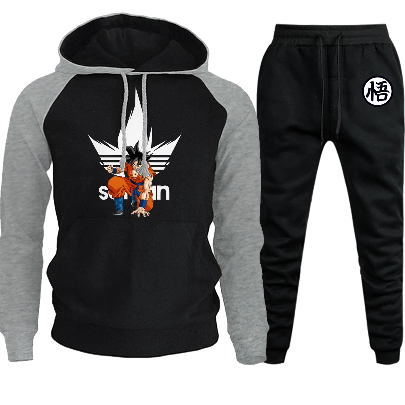 Japan Anime Raglan Mens Hoodie Streetwear Autumn Winter New Suit Male Fleece Pulliver Dragon Ball Hooded+Pants 2 Piece Set