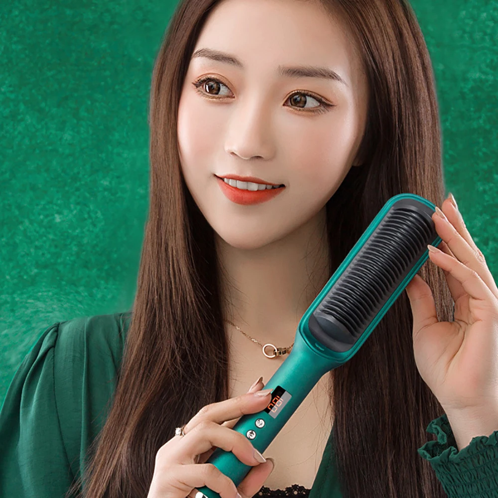 Green Pink Hair Straightener Brush Straightening Iron with Built in Comb 20s Fast Heating & 17 Temp Setting Anti-Scald Tool