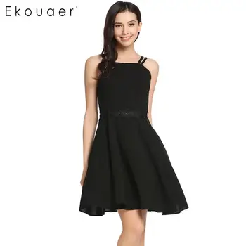 

Ekouaer Women Summer Dresses Casual Sleeveless Lace Patchwork Square Neck Backless Spaghetti Strap Sexy Mini Dress