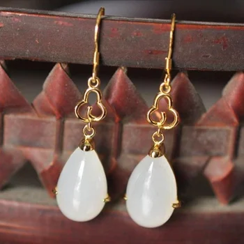 

Original natural Hotan white jade Drop Earrings Chinese style retro court style elegant charm women's jewelry