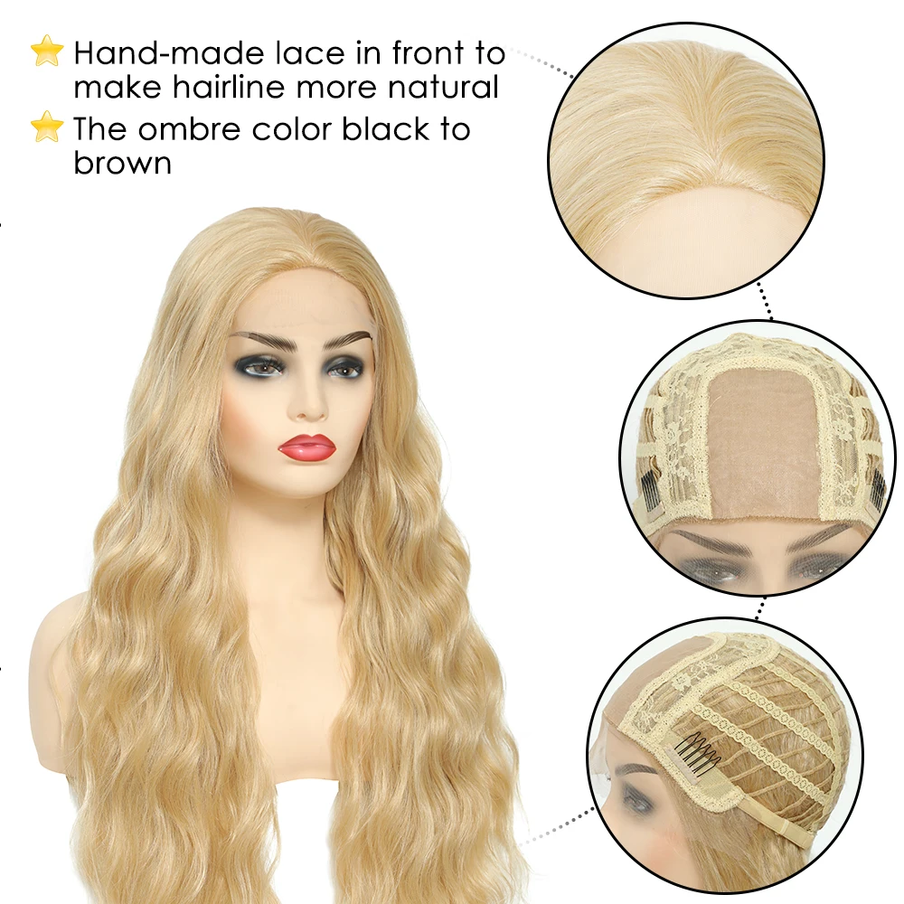 U.SHINE Ombre Brown Light Blonde Platinum Long Wavy Middle Part Hair Wig Cosplay Natural Heat Resistant Synthetic Wig for Women