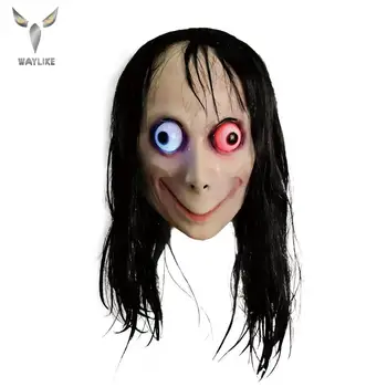 

Waylike LED Light MoMo Creepy Mask Scary Challenge Games Evil Latex Mask With Long Hair Halloween Costume Party Props