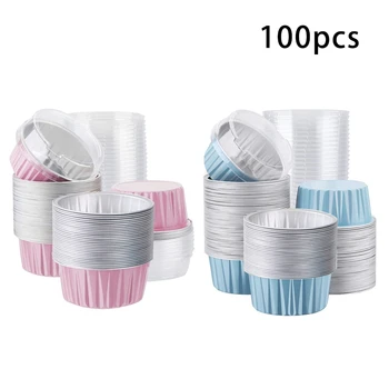 

100Pcs 5Oz 125Ml Disposable Cake Baking Cups Muffin Liners Cups with Lids Aluminum Foil Cupcake Baking Cups Blue+Pink