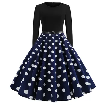 

2020 autumn oversized pleated midi dress for women long sleeve o neck vintage printing A line slim casual vestidos feminina
