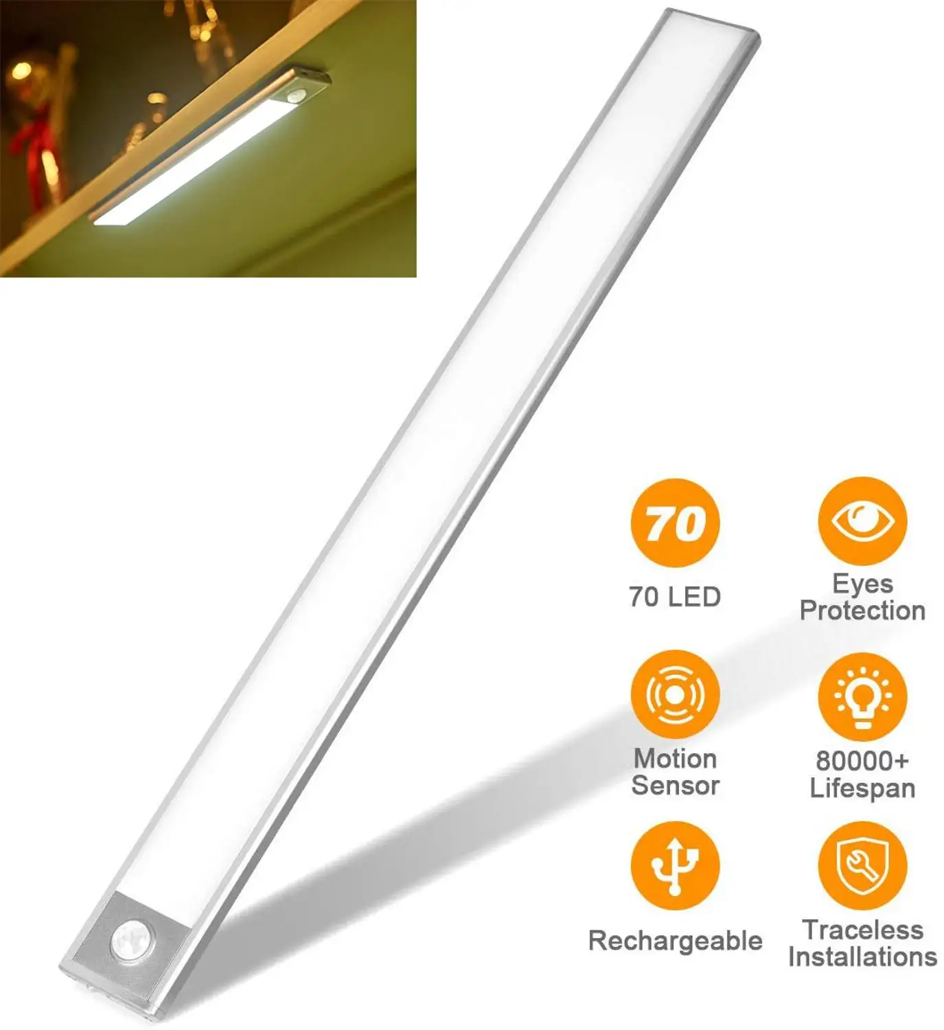 Sensor de Movimento Recarregável sob a Luz do Armário para Guarda-roupa Noturna Sensor Armário Usb Cozinha Auto – Ligar Desligar 40cm Luz 70 Led