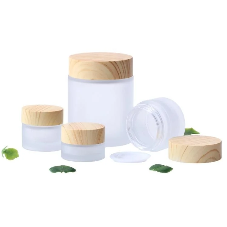 Frosted Glass Jar Cream Bottles Round Cosmetic Jars Hand Face Packing pitcher 5g 50g jug With Wood Grain Cover