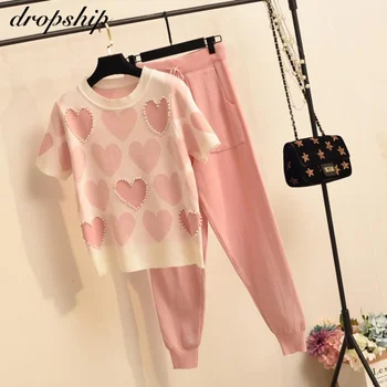 

Korean Summer Love Printed Knitted 2 Pieces Set Women Short Sleeve Beading Sweater Female Tops Pants Suit Pink Casual Tracksuit