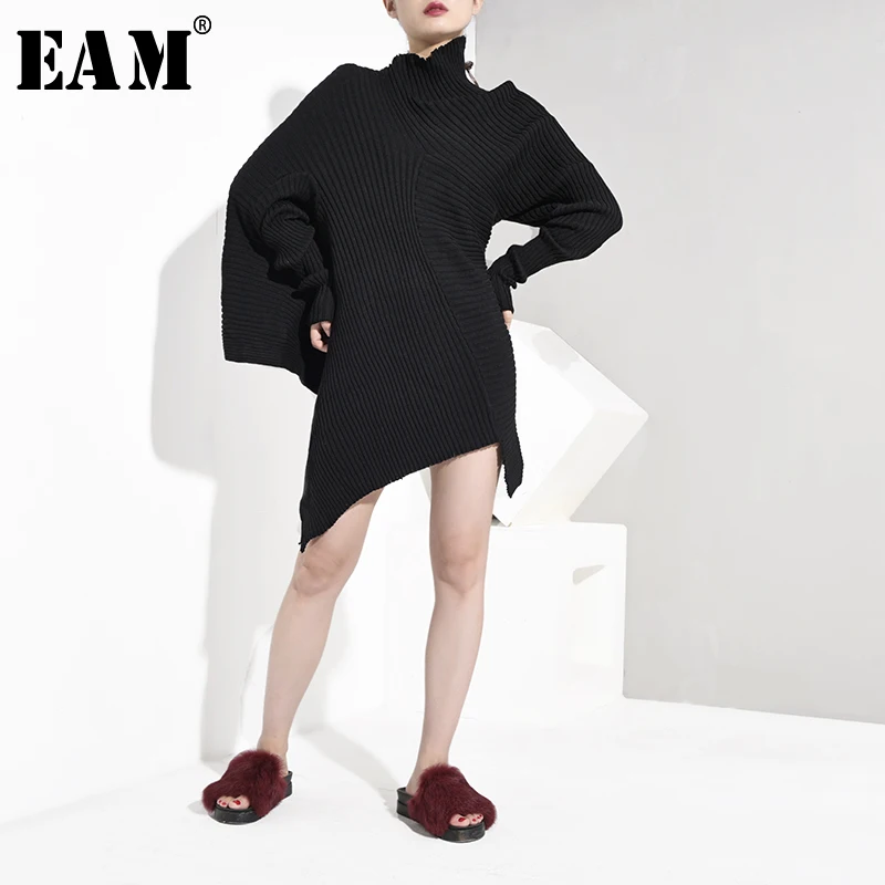 

[EAM] Black Asymmetrical Knitting Sweater Loose Fit High Collar Long Sleeve Women New Fashion Tide Autumn Winter 2019 JH4320