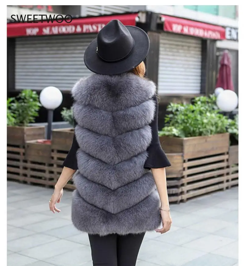 Winter Women Faux Fox Fur Vest Natural Faux Leather Fox Fur Long Vest Real Gilets Women's Full Pelt Waistcoat 2022 dropshipping