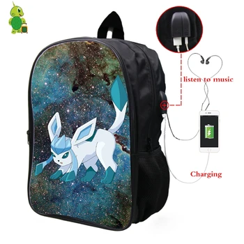 

Pokemon Glaceon Galaxy Space Backpack Multifunction USB Charge Headphone Jack Laptop Backpack for Teens Men Women School Bags